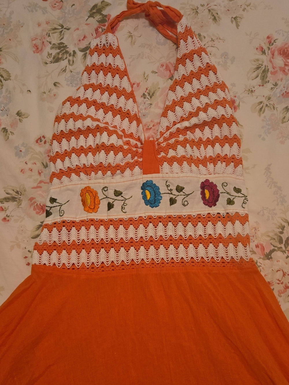 Orange & White Crochet Halter Midi Dress with Floral Embroidery
